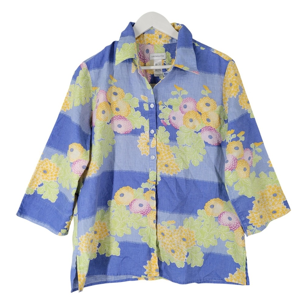 Liz Claiborne 100% Linen Shirt Womens Large Blue Floral 3/4 Sleeve Button Up